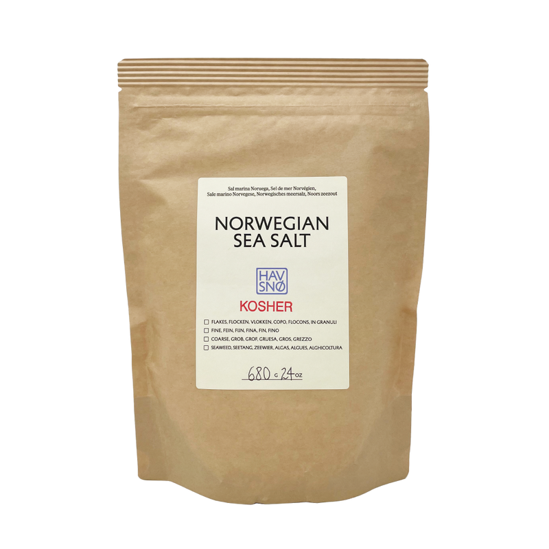 Havsnø Fine Kosher Norwegian Sea Salt in a 680g kraft paper pouch, ideal for versatile kitchen uses like brining and preserving, crafted sustainably from Norwegian seawater.