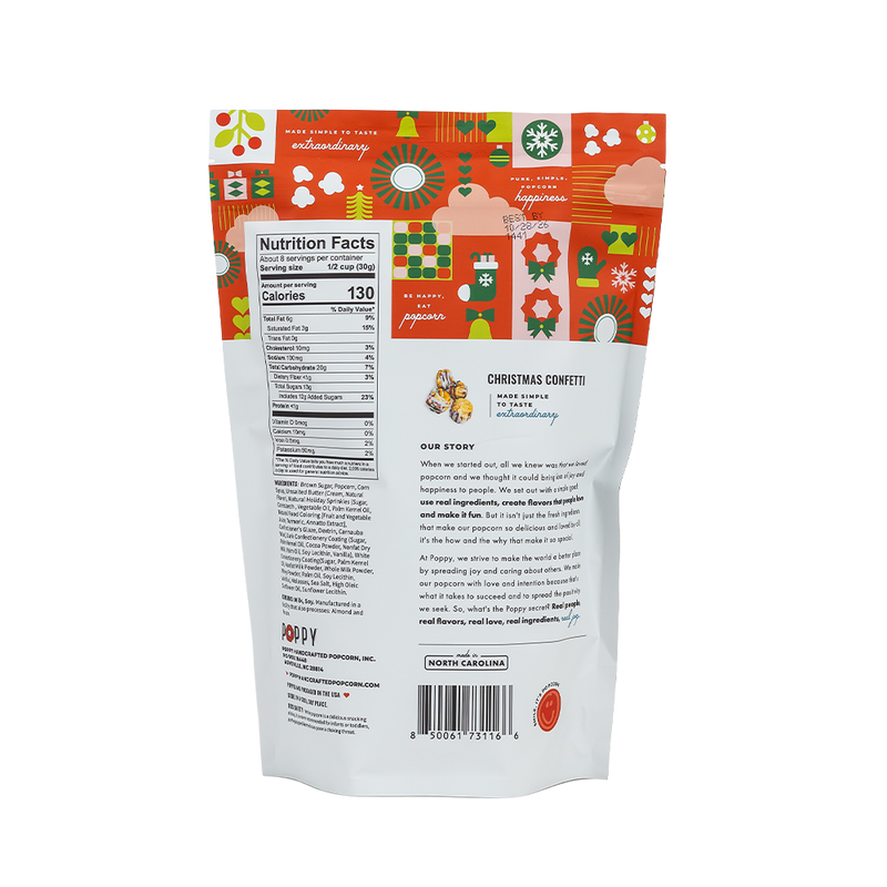 Poppy Hand-Crafted Popcorn - Christmas Confetti Popcorn festive snack bag showcasing nutrition facts, ingredient list, and product description on the back.