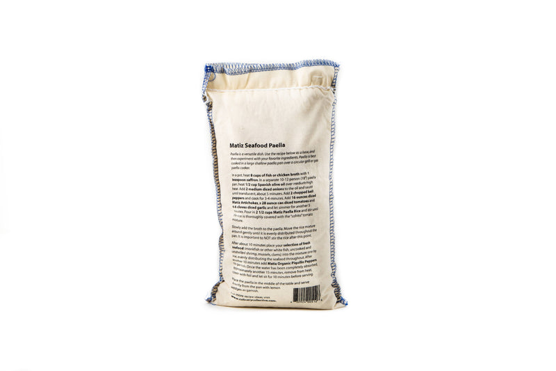 Matiz Bomba Rice 2.2lb canvas pouch with seafood paella recipe printed on front, offering authentic Valencian short-grain rice for perfect paella, ideal for Athens Cooks customers.