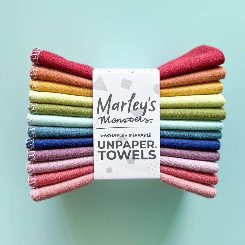 Marley's Monsters UNpaper® Towel Refill Packs - Earthy Rainbow, 12-pack, showcasing eco-friendly, reusable cotton flannel towels, ideal for sustainable household cleaning.