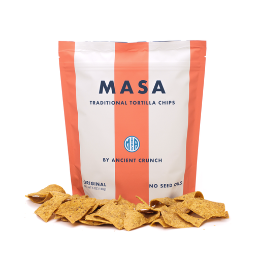 Ancient Crunch | Masa Chips, Traditional Tortilla: 5 oz pouch of seed oil-free chips with scattered yellow corn chips, highlighting organic corn, grass-fed tallow, and sea salt.