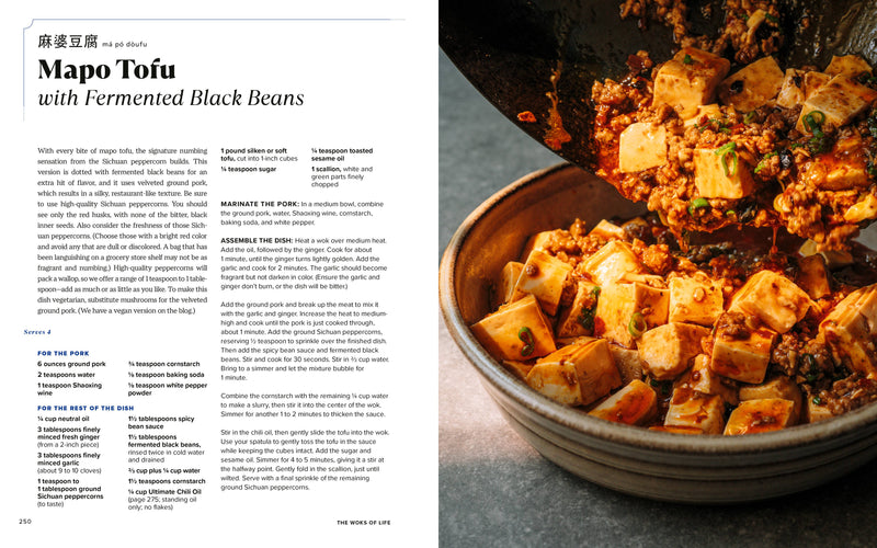 Cookbook spread of Mapo Tofu with Fermented Black Beans from Penguin Random House LLC - The Woks of Life, featuring recipe details and a vibrant dish photo.