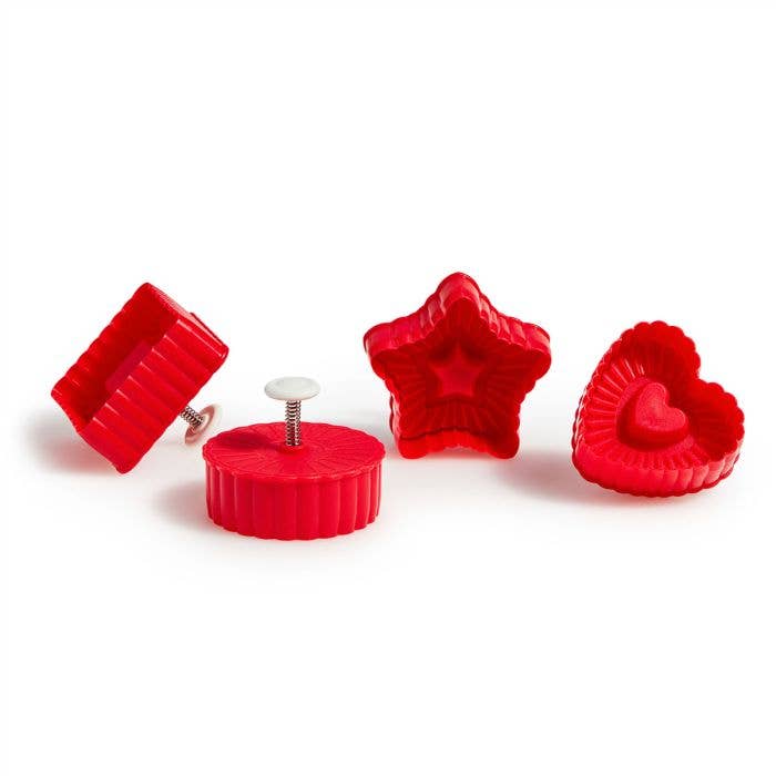 HIC - Harold Import Co. - King Arthur Thumbprint Cookie Cutters 4-Piece Set with square, circle, star, and heart shapes, featuring spring-loaded levers for embossed edges and center indents.
