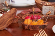 Verve Culture - Italian Olivewood Aperitivo Bowls showcase dried apricots and radishes on a wooden table, highlighting Umbria artisans' craftsmanship for elegant appetizer presentation.