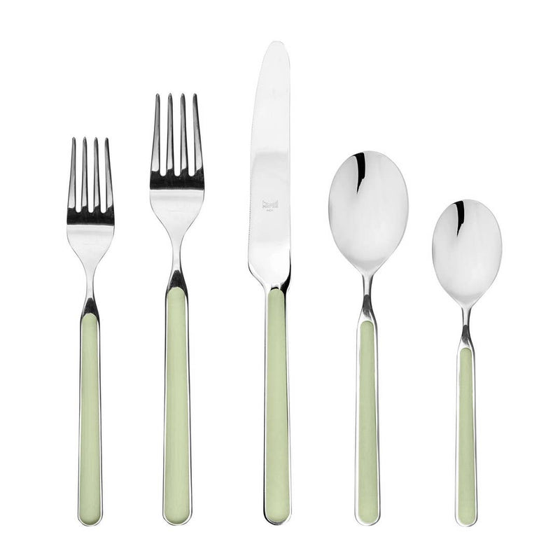 Mepra SPA - PLACE SET 5 PCS FANTASIA SAGE featuring elegant silverware with green handles, crafted from high-quality stainless steel and resin, ensuring durability and timeless style.