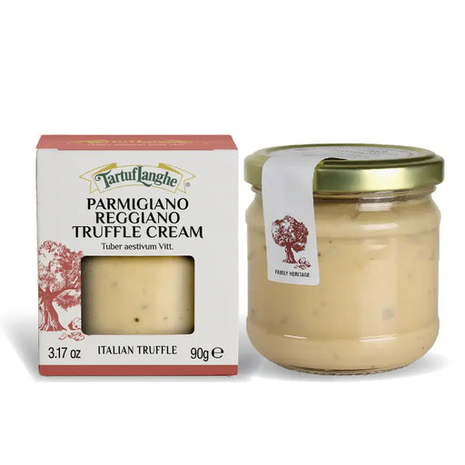 TartufLanghe Italian Parmigiano Truffle Cream 6.70 oz jar with box, featuring authentic Italian ingredients for gourmet culinary enhancement, ideal for pasta and risottos.
