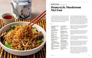 The Woks of Life cookbook spread: mushroom mei fun dish with chopsticks on the left, recipe details on the right, showcasing authentic Chinese family recipes.