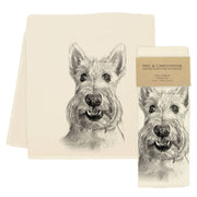 Eric & Christopher - Sunny the Scottie Tea Towel, featuring a pencil-sketch terrier portrait, 100% cotton, 26x26 inches, screen-printed in Bucks County, USA.