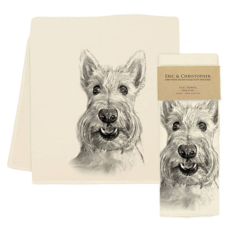 Eric & Christopher - Sunny the Scottie Tea Towel, featuring a pencil-sketch terrier portrait, 100% cotton, 26x26 inches, screen-printed in Bucks County, USA.