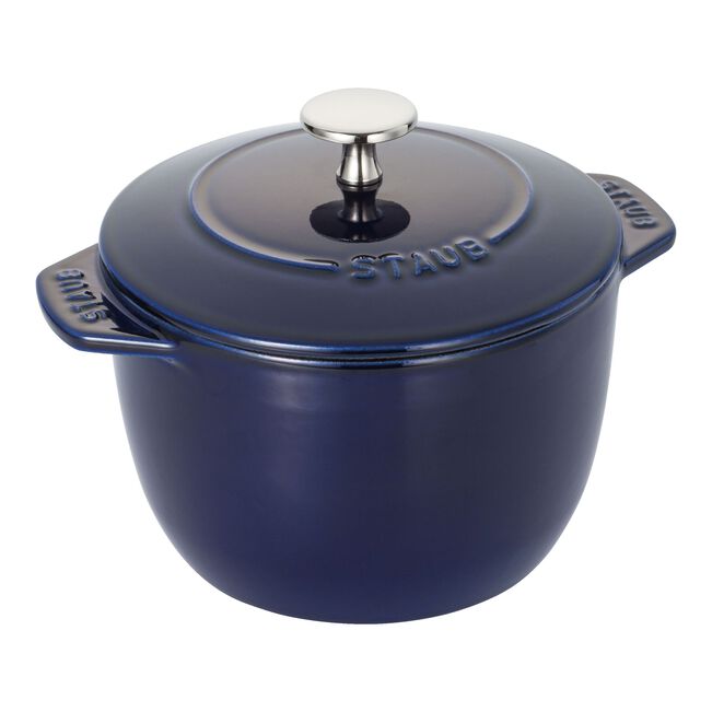 Staub 1.5 Qt Petite French Oven - Black, showcasing its compact design and Chistera lid, ideal for cooking and serving versatile dishes.