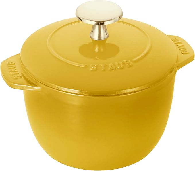 Staub | 1.5 Qt Petite French Oven - Yellow, a compact cast iron cocotte with a Chistera lid, ideal for cooking and serving at Athens Cooks.