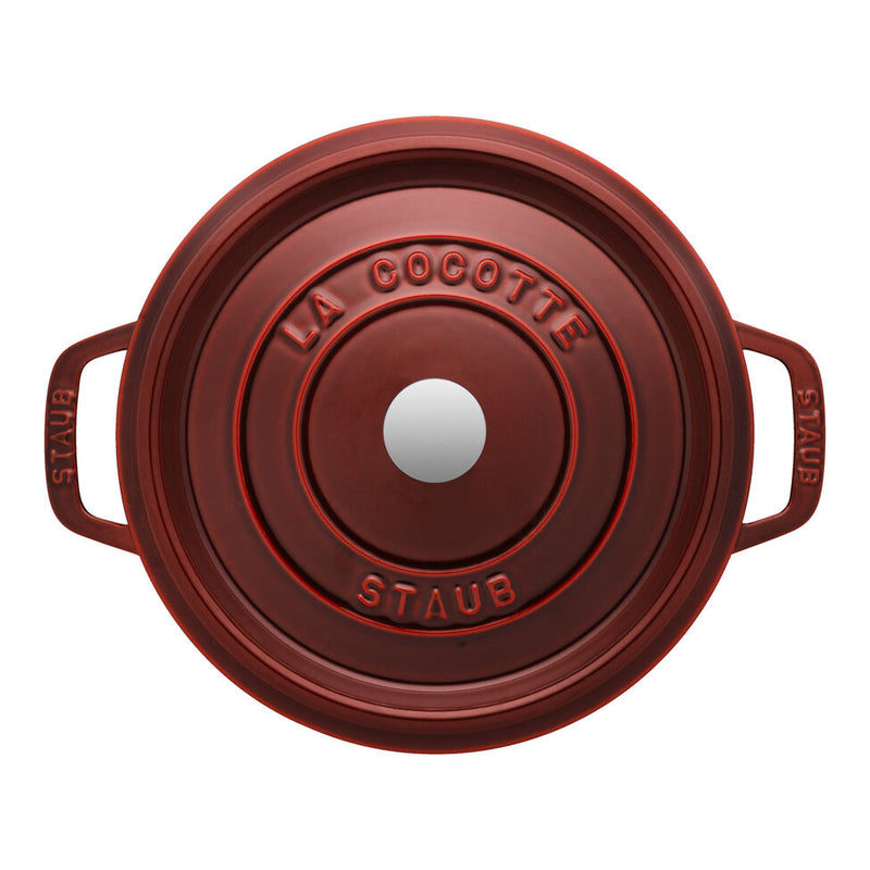 Staub | Round Cocottes - 4 qt - Grenadine, a cast iron pot with self-basting lid, ideal for slow-cooking and serving, featured at Athens Cooks.