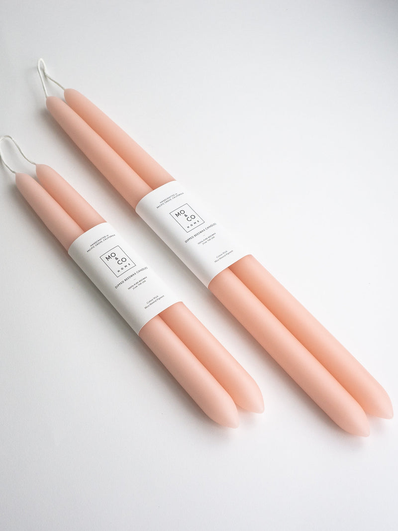 Mo&Co | 100% Beeswax Dipped 14 Tapers - Pink Rose, handcrafted, elegant candles with cotton wick, enhancing any celebration with their pure glow and natural honey scent.