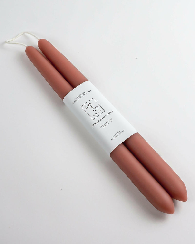 Mo&Co | 100% Beeswax Dipped 14 Tapers - Pink Rose, handcrafted in Pacific Grove, California, showcasing elegant design and sustainable craftsmanship, perfect for enhancing culinary and celebratory settings.