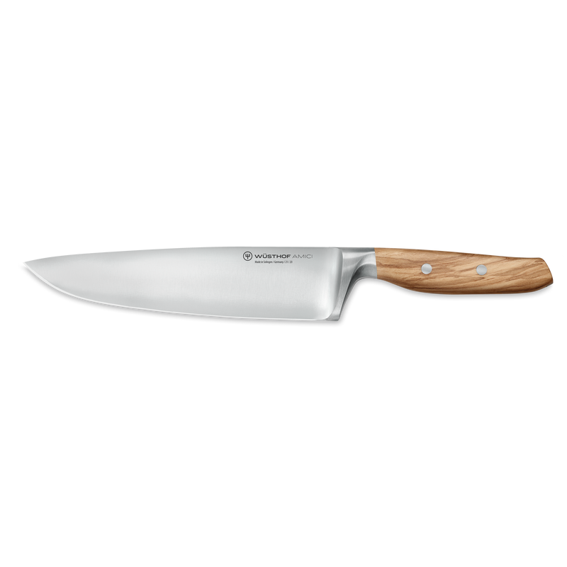 Wüsthof | Amici 8 Chef's Knife with a wooden handle, ideal for versatile kitchen tasks, displayed on a white paper with text.