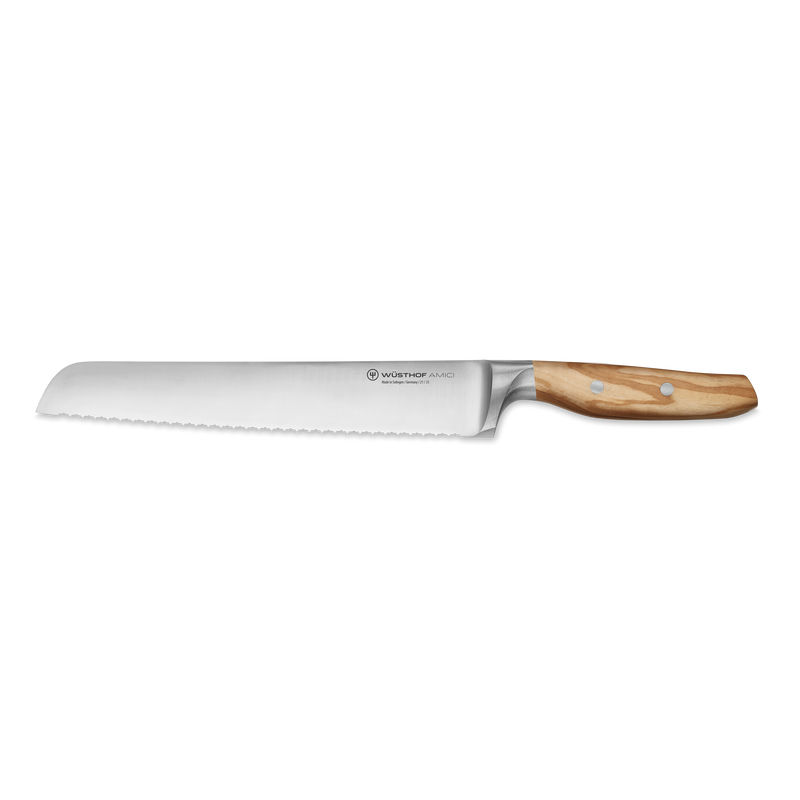 Wüsthof | Amici 9 Double Serrated Bread Knife featuring a wooden handle and visible logo, designed for precision cutting.