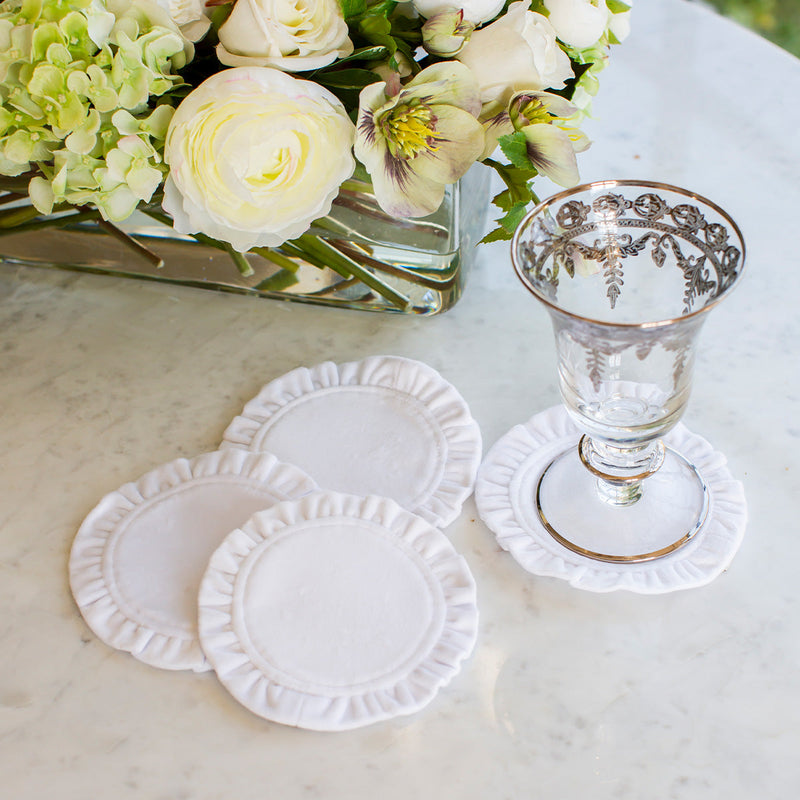 Arte Italica & Crown Linen Designs | Round Ruffle Coaster Set (4), Velvet Red