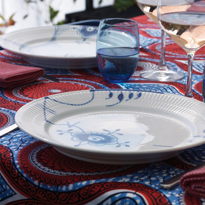 Royal Copenhagen Blue Mega Plate, 27cm, Dec. No.6, featured in an elegant table setting with matching pieces, showcasing its intricate blue floral design.