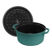Staub | Round Cocottes - 4 qt Turquoise, an enameled cast-iron Dutch oven with lid, ideal for slow-cooking, braising, and stews, embodying STAUB's culinary heritage.
