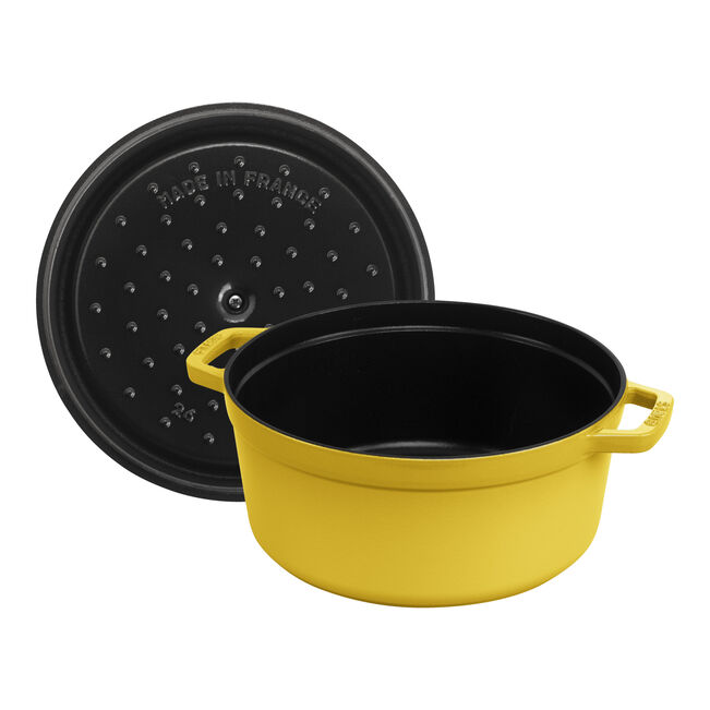 Staub | Round Cocottes - 5.5 qt Citron: Yellow enameled Dutch oven with self-basting lid, Made in France marking, perfect for braising and roasting.