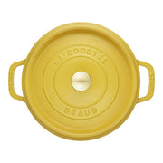 Staub | Round Cocottes - 4 qt Citron: Top-down view of yellow enameled cast-iron Dutch oven with self-basting lid, ideal for slow-cooking and browning.