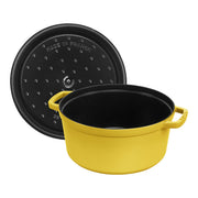 Staub | Round Cocottes - 7 qt Citron, a yellow cast-iron casserole, features a black interior and French-made lid, perfect for even heat and rich flavor cooking.