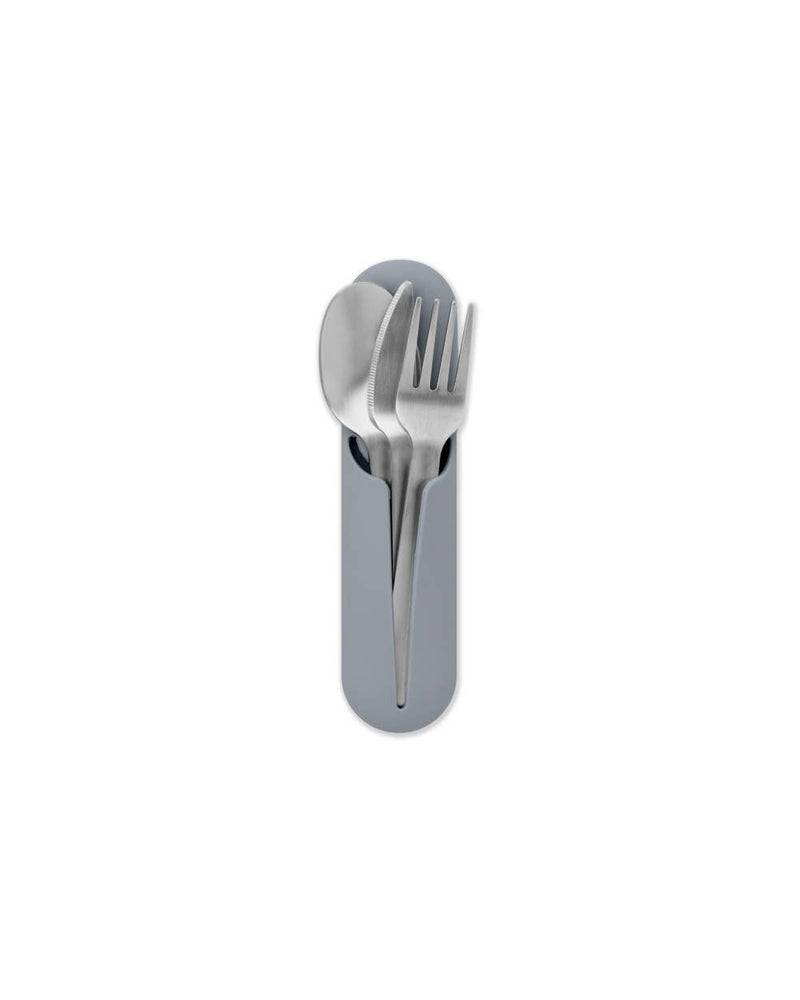 W&P - Stainless Steel Utensils Set in Silicone Carry Case: Terrazzo Charcoal, featuring a fork, spoon, and knife in a compact, tidy holder. Ideal for on-the-go use.