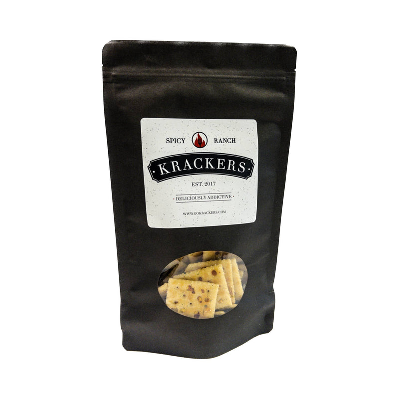 Bag of Krackers | Sour Kream and Onion Ranch with spicy ranch flavor, seen through clear packaging showing crackers inside.