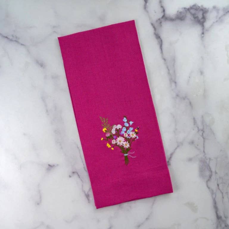 Wildflower Bouquet Linen Towel by Arte Italica & Crown Linen Designs, featuring delicate embroidered wildflowers, perfect for adding spring charm to your kitchen decor. Made in Ukraine.