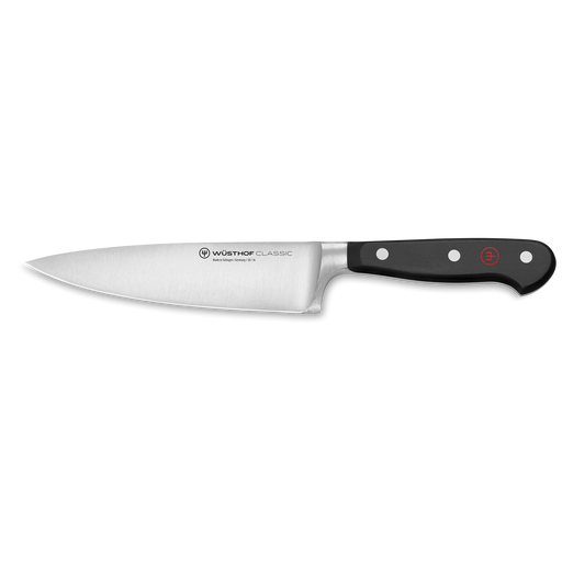 Wüsthof | 6-inch chef's knife with full-tang stainless-steel blade and ergonomic triple-riveted black handle, ideal for precise chopping, slicing, and dicing.