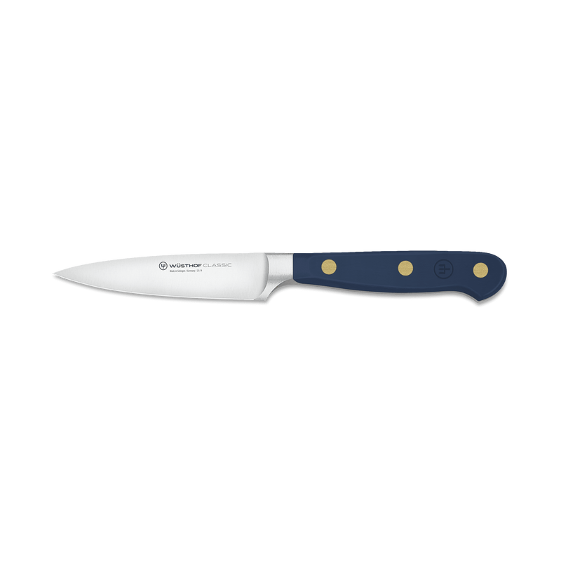 Wüsthof Classic 3 1/2 Paring Knife with a blue handle, ideal for precision kitchen tasks, available at Athens Cooks.