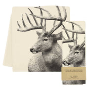Eric & Christopher - American Woodlands Collective Buck #4 Tea Towel, featuring a detailed stag illustration, off-white cotton, kraft band detailing, 26x26 inches, made in USA.