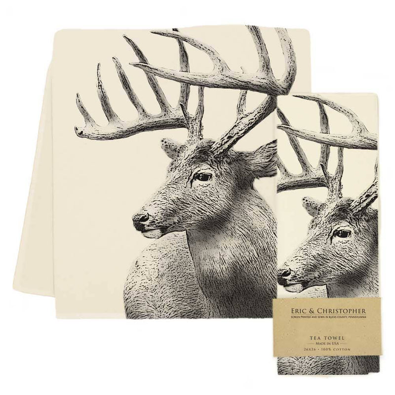 Eric & Christopher - American Woodlands Collective Buck #4 Tea Towel, featuring a detailed stag illustration, off-white cotton, kraft band detailing, 26x26 inches, made in USA.