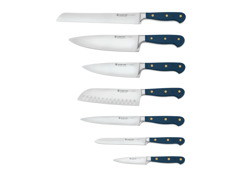 Wüsthof Classic 8-Piece Designer Knife Block Set featuring blue-handled knives, perfect for culinary enthusiasts seeking quality kitchen tools.