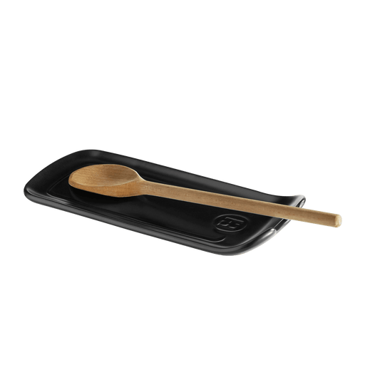 Emile Henry | Spoon Rest, Truffle: A ceramic spoon rest with a wooden spoon, featuring a curved design and groove for catching drips.