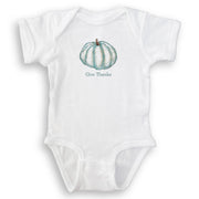 French Graffiti - Blue Pumpkin: White baby onesie featuring a teal watercolor-style pumpkin and “Give Thanks” inscription, ideal for thoughtful gifting from Athens Cooks.