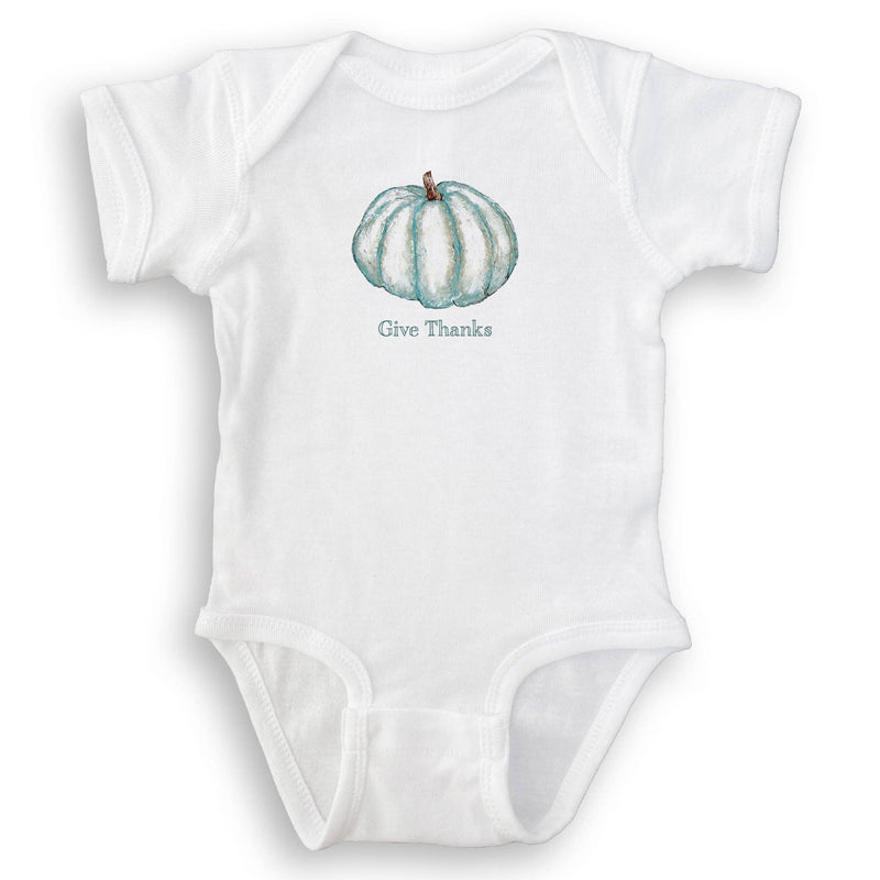 French Graffiti - Blue Pumpkin: White baby onesie featuring a teal watercolor-style pumpkin and “Give Thanks” inscription, ideal for thoughtful gifting from Athens Cooks.