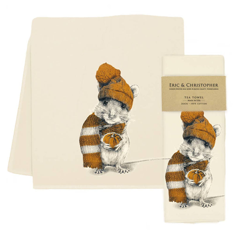 Eric & Christopher - Harvest Mouse Tea Towel: Cream-colored cotton towel with a screen-printed mouse in a scarf holding a pumpkin, wrapped in branded kraft-paper.