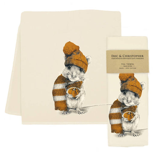 Eric & Christopher - Harvest Mouse Tea Towel: Cream-colored cotton towel with a screen-printed mouse in a scarf holding a pumpkin, wrapped in branded kraft-paper.