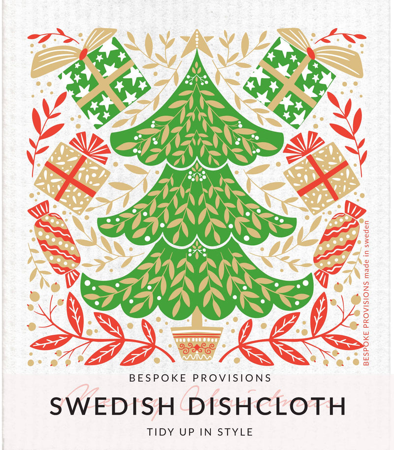 Bespoke Provisions - Merry Christmas Swedish Dishcloth featuring a festive tree and gifts, ideal for eco-friendly cleaning and perfect as a holiday gift.