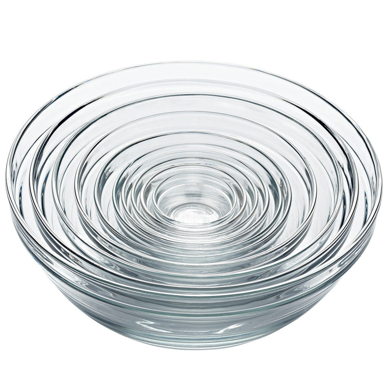 Duralex | Le Gigogne Clear Stackable Bowls, Set of 10, showcasing nested tempered glass bowls perfect for versatile kitchen use, ideal for Athens Cooks' curated collection.