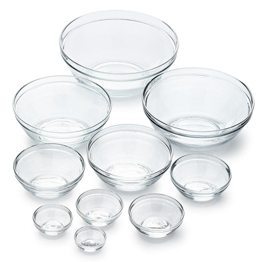 Duralex | Le Gigogne Clear Stackable Bowls, Set of 10; durable, chip-resistant glass bowls ideal for mixing, serving, and storing, from Athens Cooks.