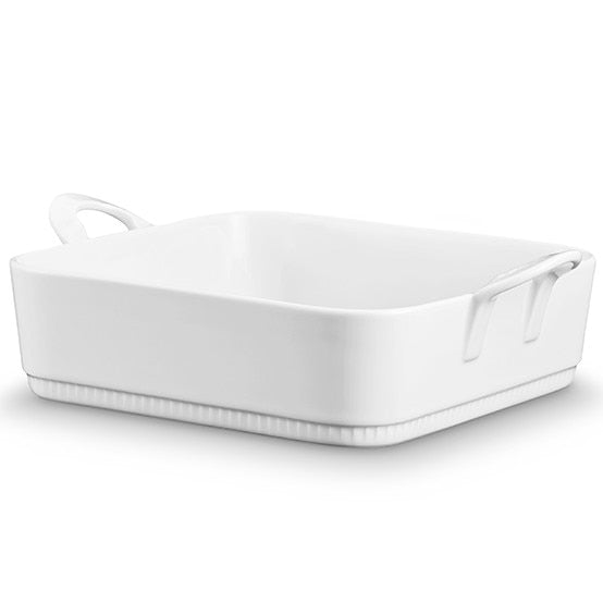 Pillivuyt | Toulouse Square Baker - 10.5, a white rectangular ceramic dish with embossed handles, ideal for baking, showcasing elegance and superior heat retention.