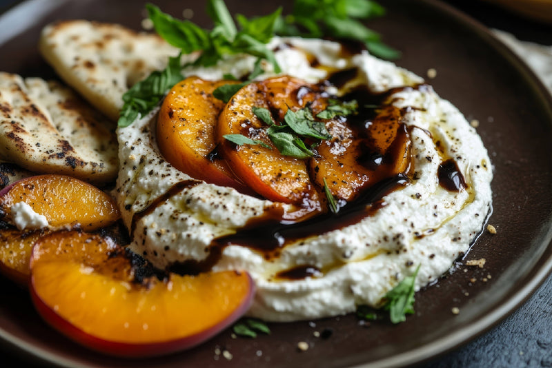 Giusti - 1 Silver Medal Balsamic Vinegar drizzled over ricotta cheese with grilled peaches, herbs, and flatbread, showcasing its versatile culinary pairing.