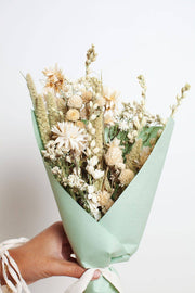 Idlewild Floral Co. - Sage Small Field Bouquet: Handheld bouquet of dried flowers in neutral tones wrapped in pale green paper with a white ribbon, perfect for kitchen decor.
