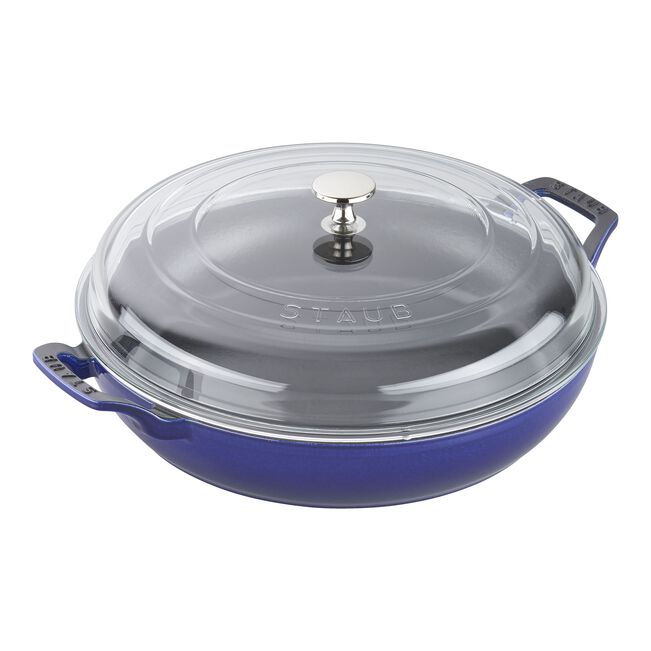 Staub 12-inch Cast Iron Braiser with Glass Lid, ideal for slow-cooked meals and even cooking, showcased by Athens Cooks for its quality craftsmanship.