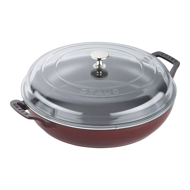 Staub | 12-inch Cast Iron Braiser with Glass Lid - Grenadine, ideal for one-pot meals, features enameled cast iron and a domed lid for moisture retention.