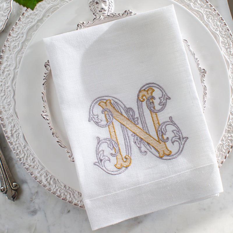 Arte Italica & Crown Linen Designs | Vintage Vine Monogram Tri-Fold Napkin - T