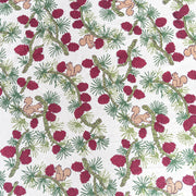 Couleur Nature - Squirrel and Pinecone Red & Brown Tablecloth: 71 x 71 features hand-drawn pine branches, red cones, and squirrels, ideal for festive or casual dining settings.