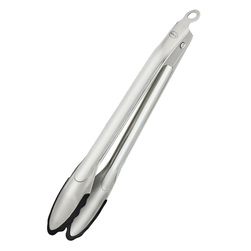 Rösle Silicone Tipped Locking Tongs - 9 with a patented one-hand locking mechanism and silicone coating, ideal for scratch-free use on cookware.